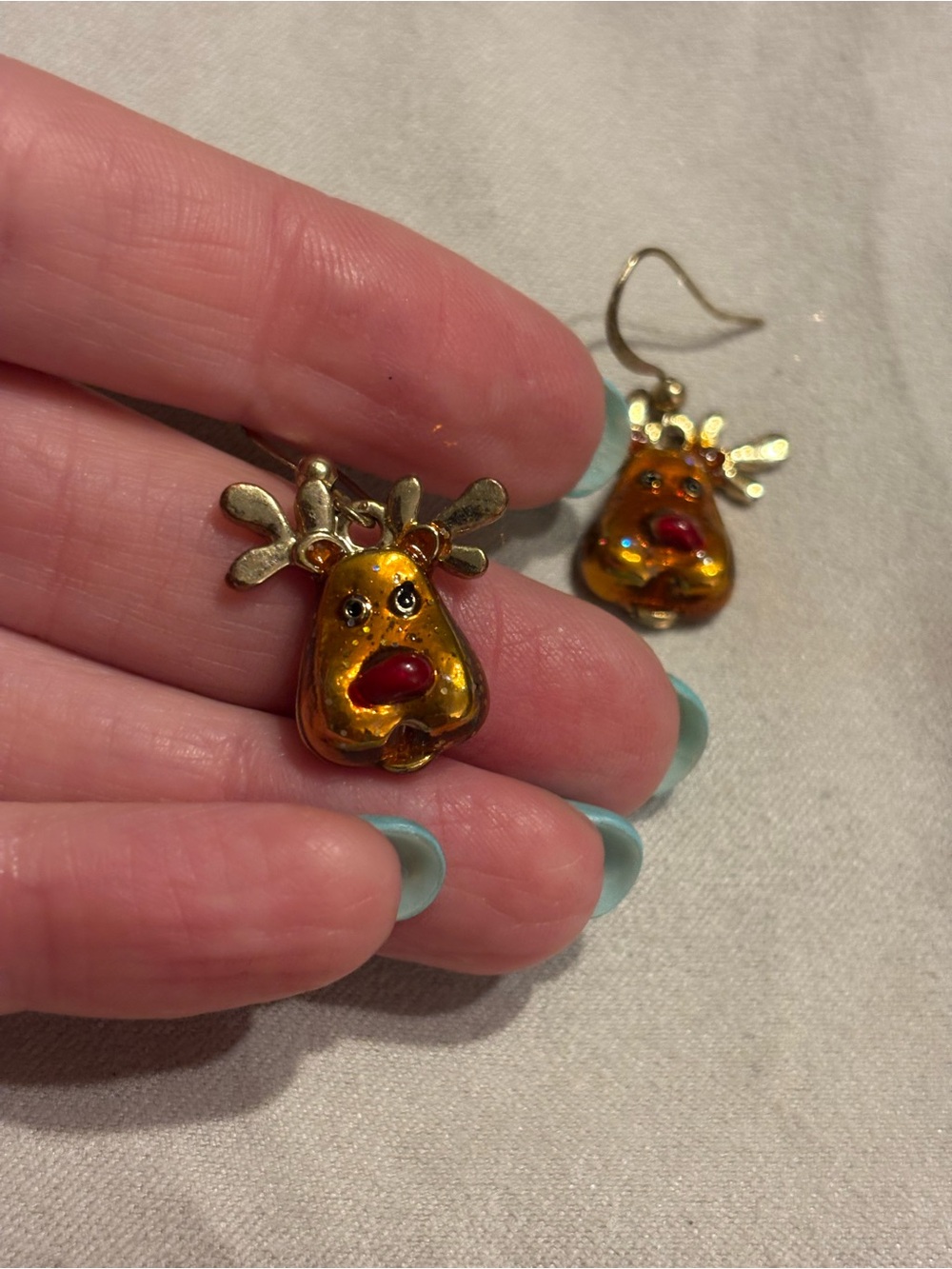 Glittery Rudolph Drop Earrings - Amber Gold with Red nose Accent